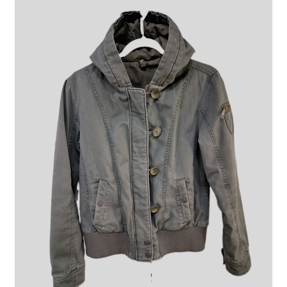 Fossil Womens Utility Bomber Jacket Olive Green Hooded Y2K Boho